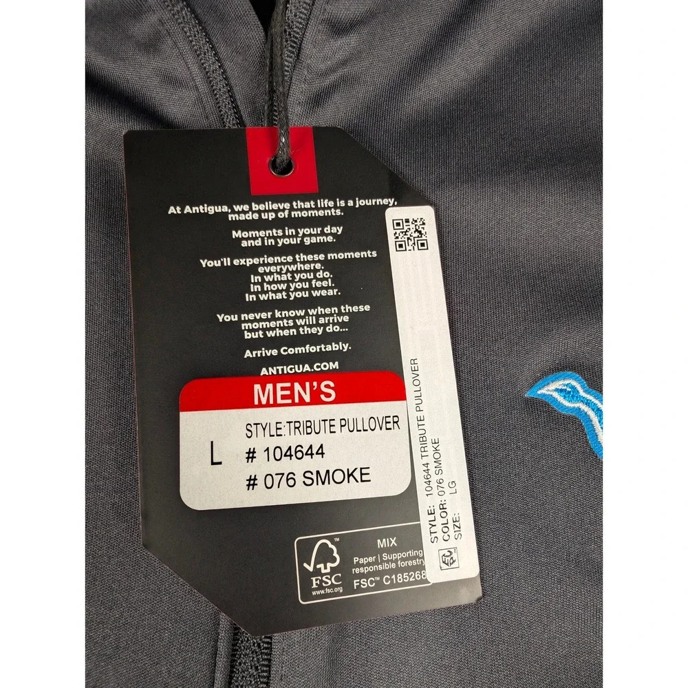 Detroit Lions Antigua Tribute Pullover Mens Large Smoke Grey NFL 1/4‎ Zip NWT